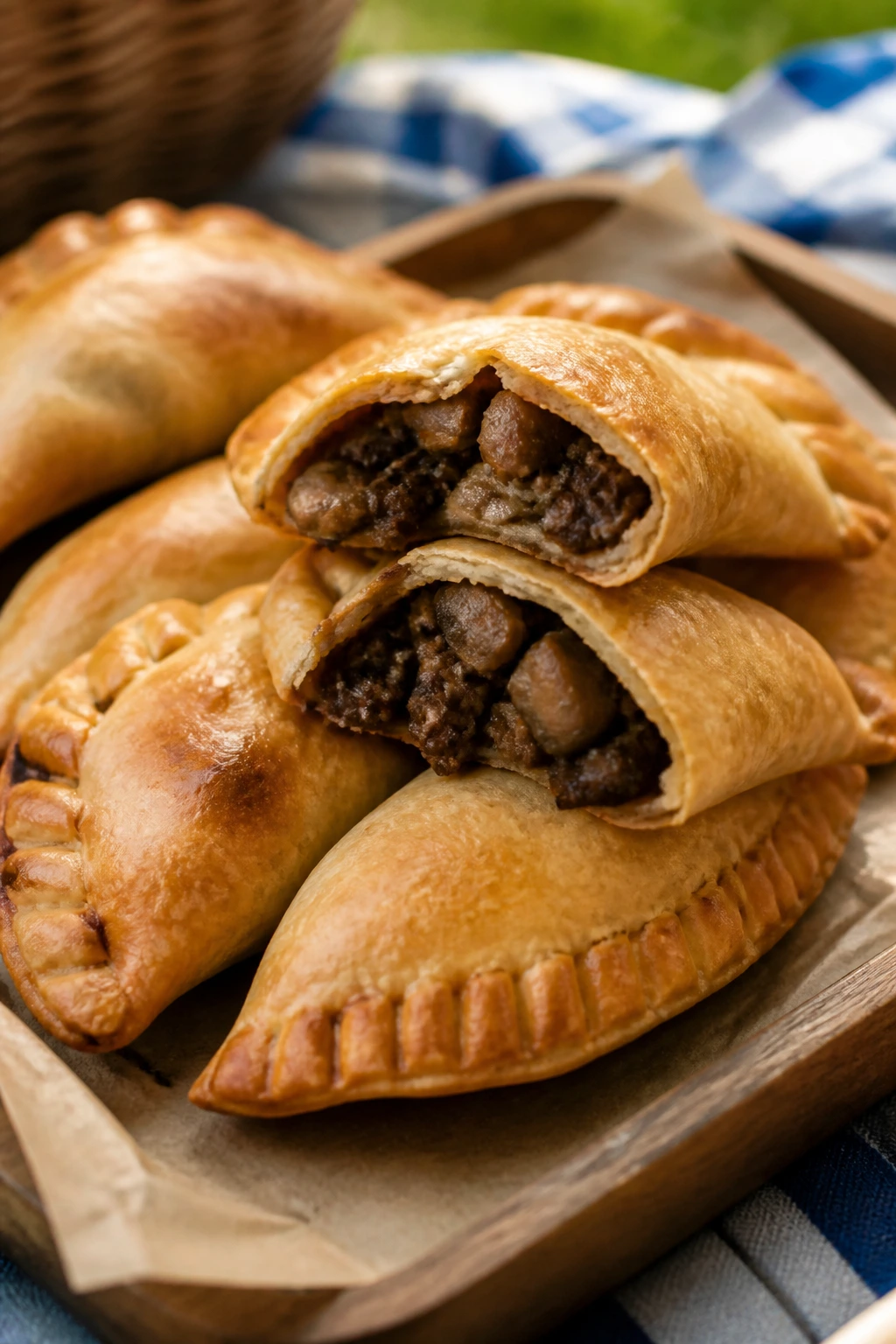 Beef and mushroom empanadas on a picnic tray