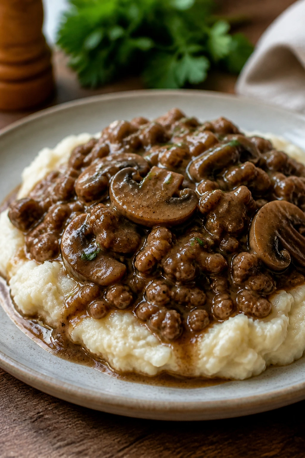Close-up of beef and mushroom gravy over mashed cauliflower