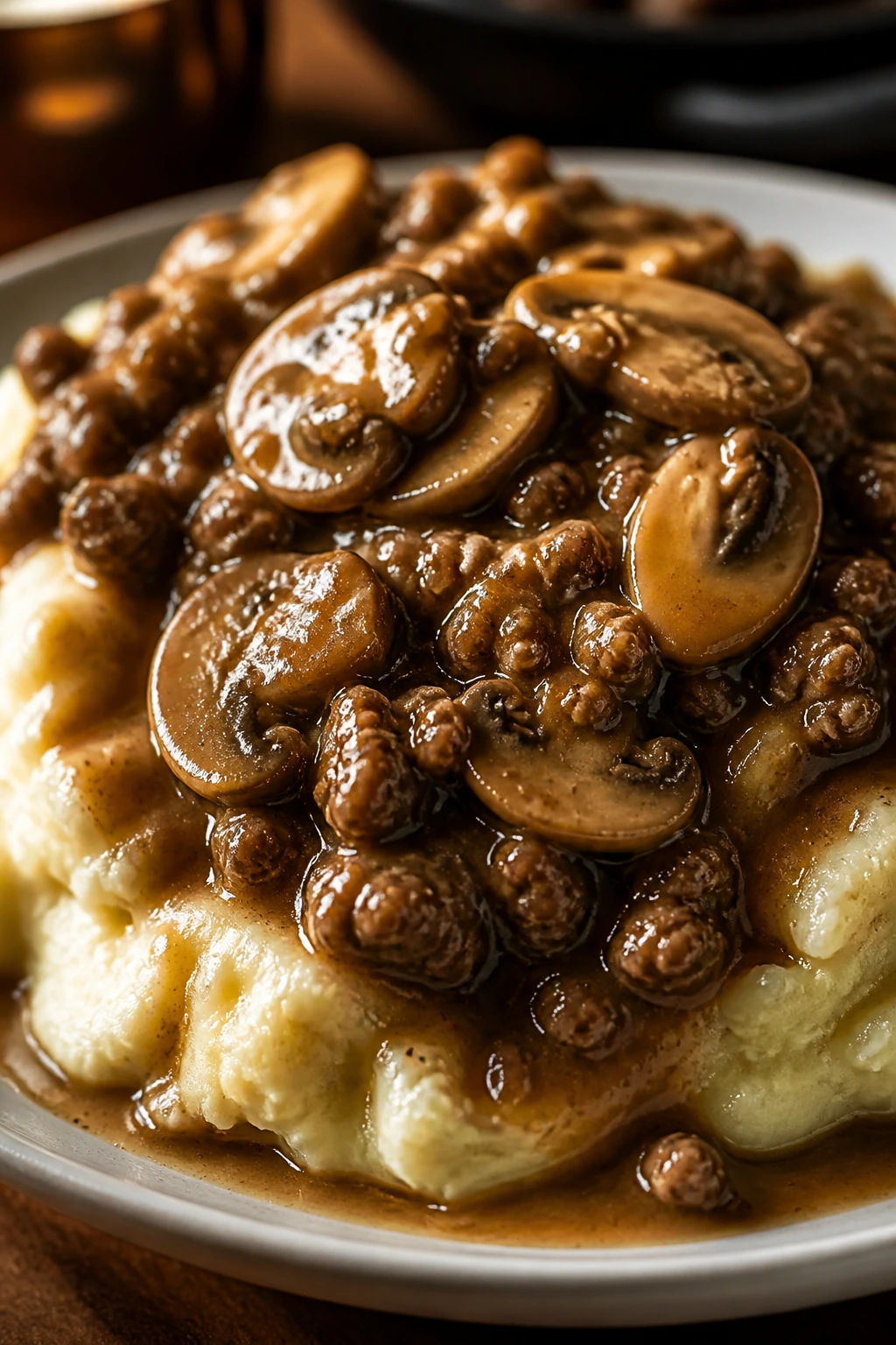 Mashed potatoes with beef and mushroom gravy on top
