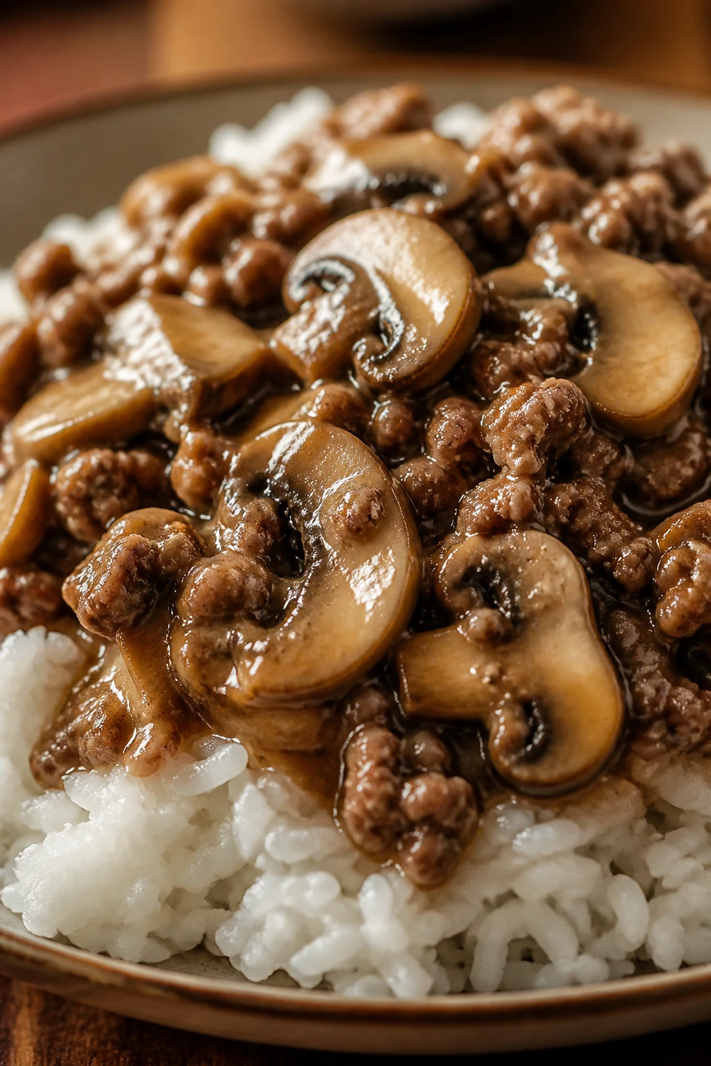 Plate of beef with mushroom gravy over rice