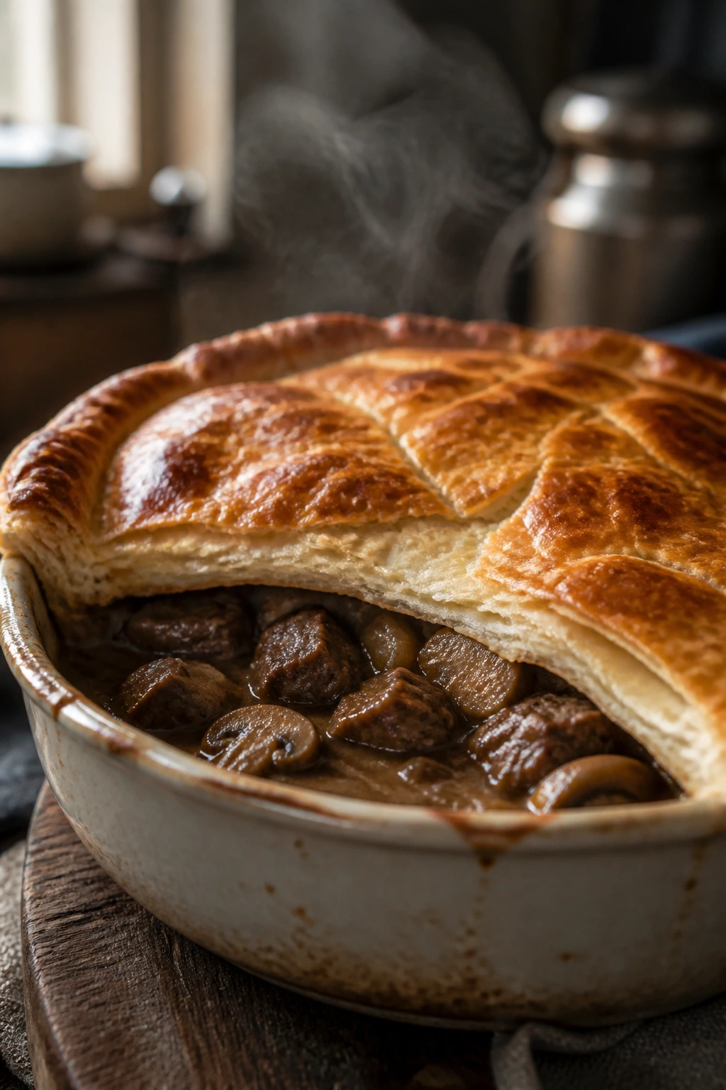 Close-up of a beef and mushroom pie with a flaky golden crust