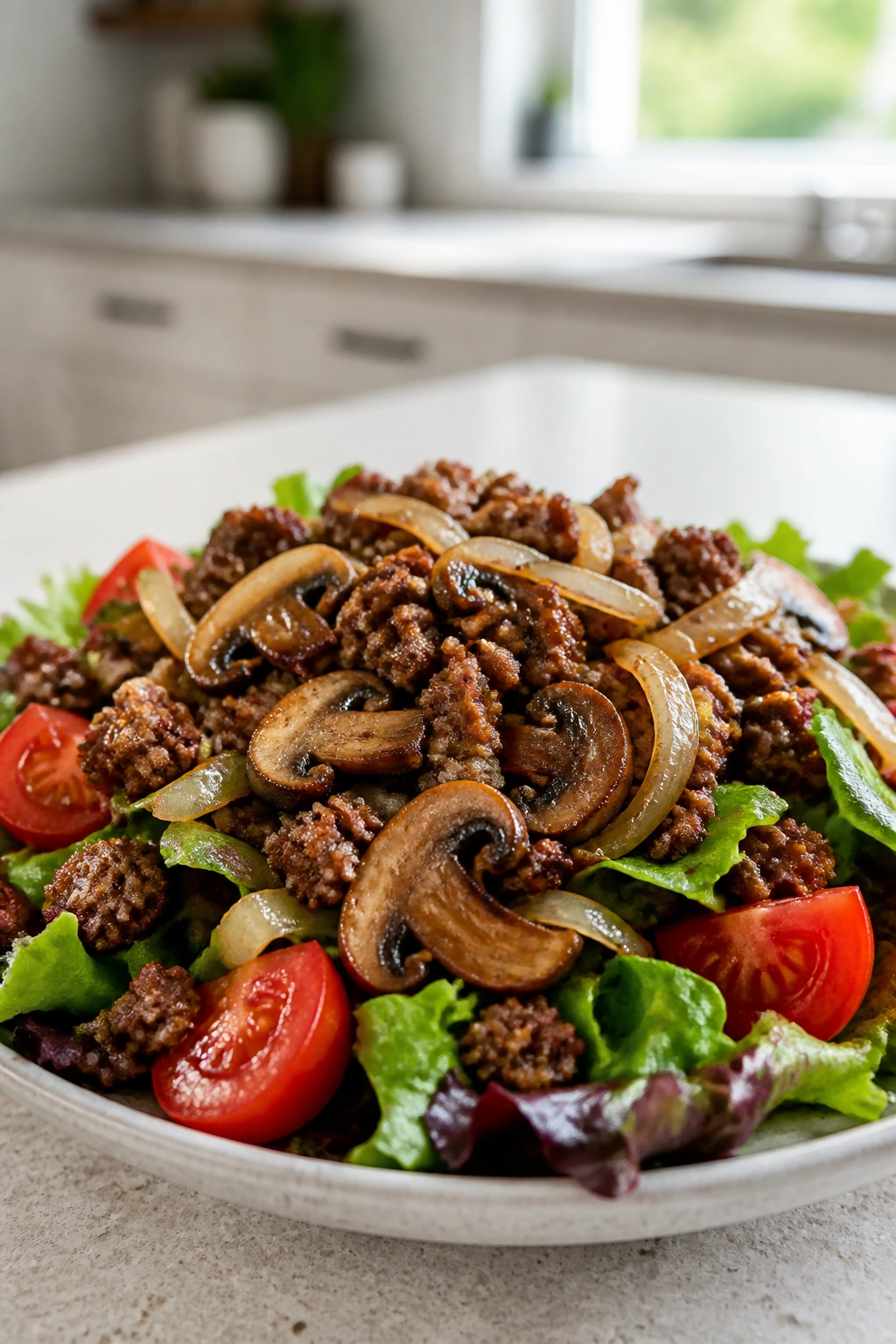 Beef and mushroom burger salad on greens with tomato