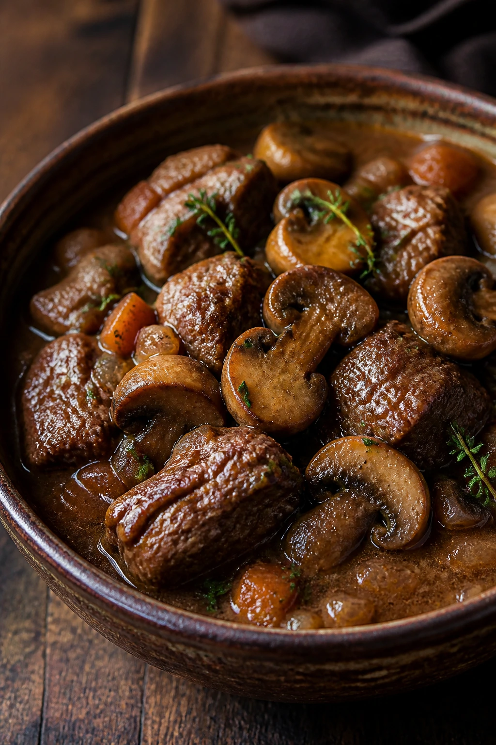 Beef and Mushroom Stew with beef chunks and mushrooms in thick gravy
