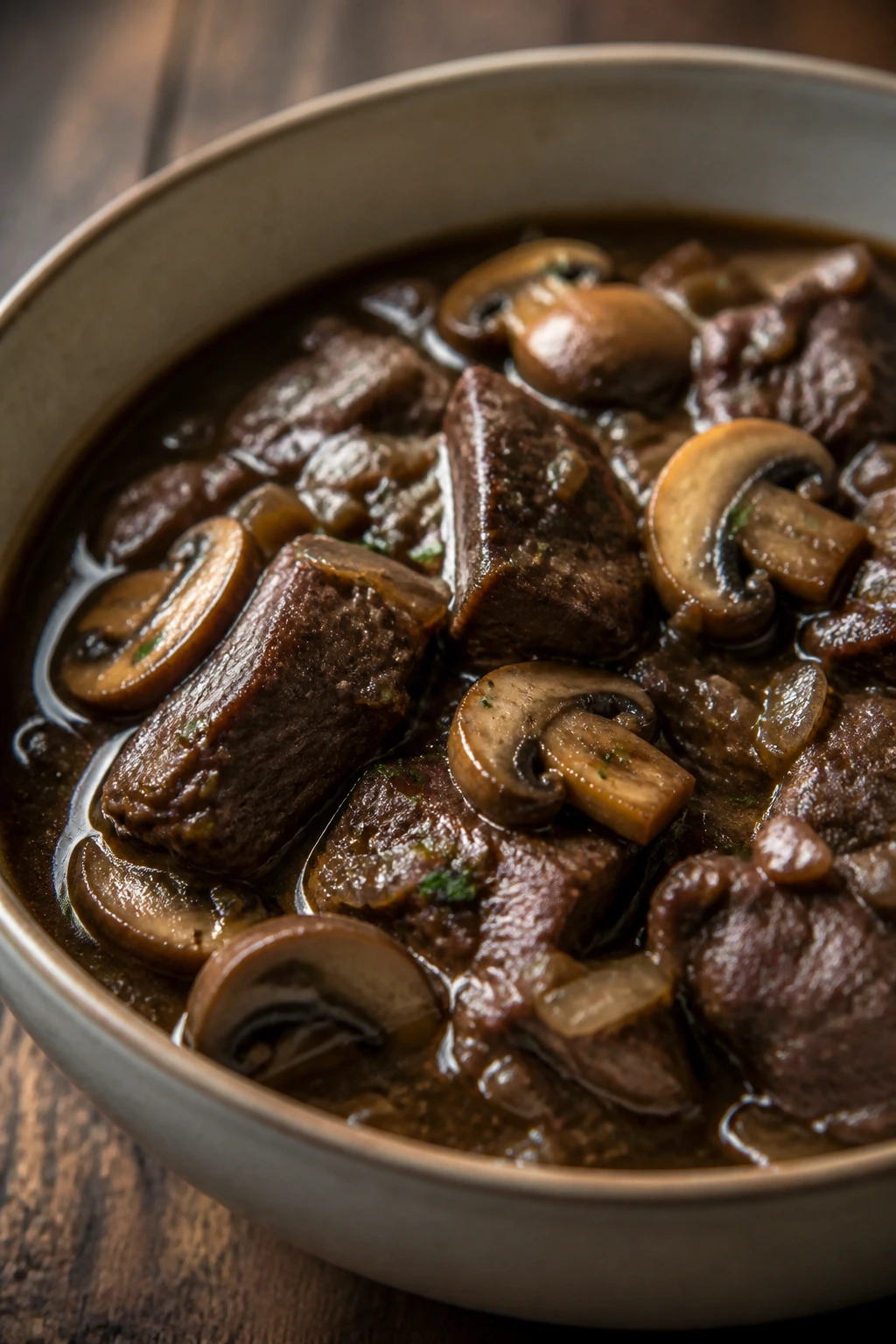 Close-up of beef and mushroom stew in a bowl with chunky beef and mushrooms