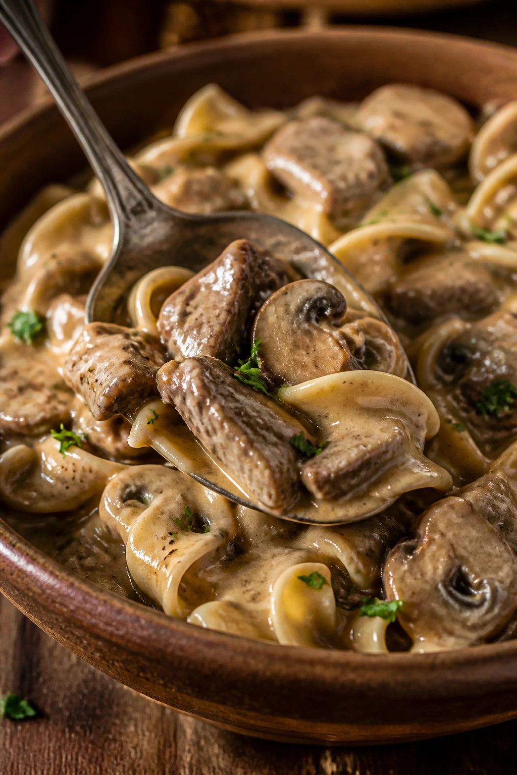 Close-up of beef and mushroom stroganoff over noodles