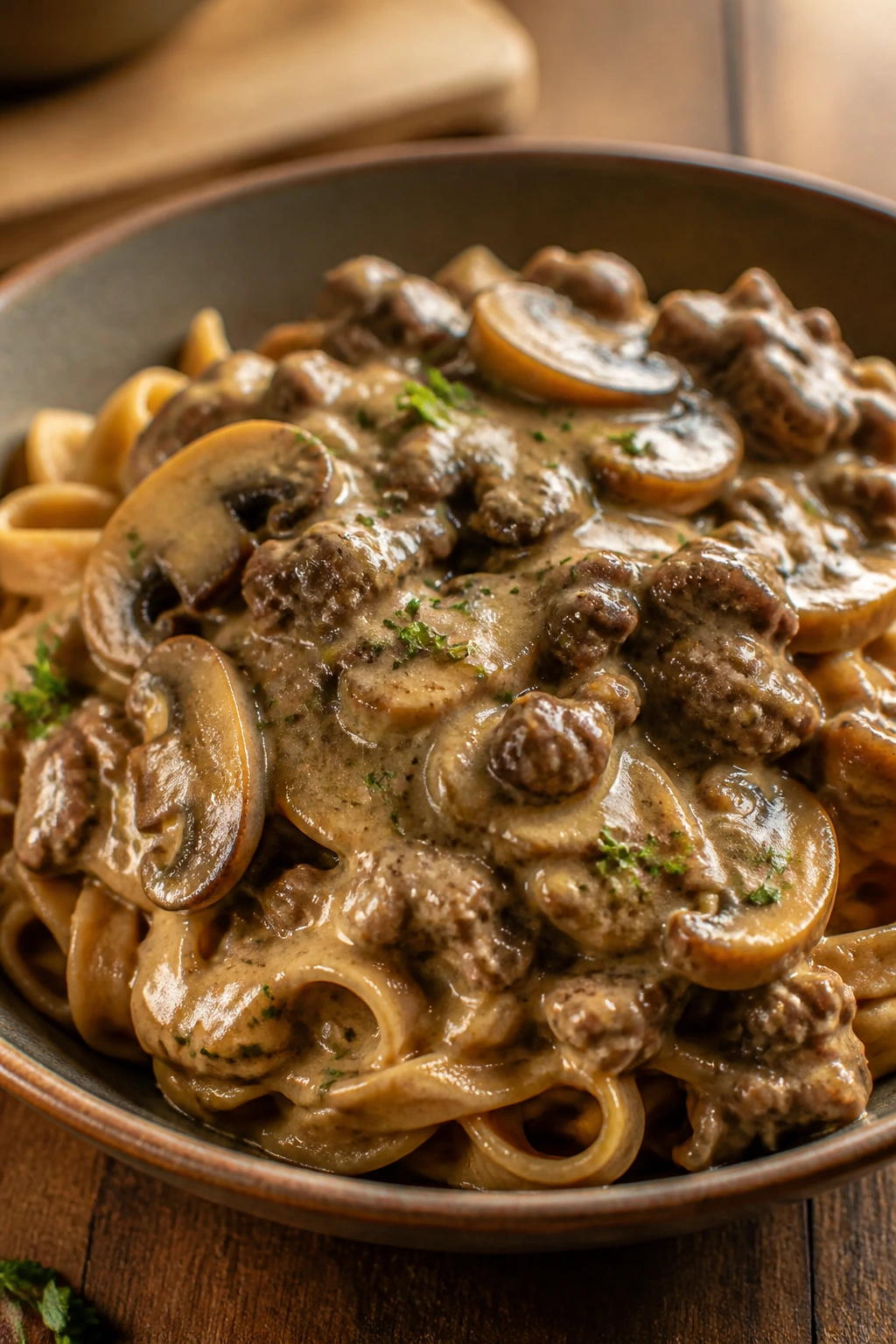 Beef mushroom stroganoff with whole wheat noodles