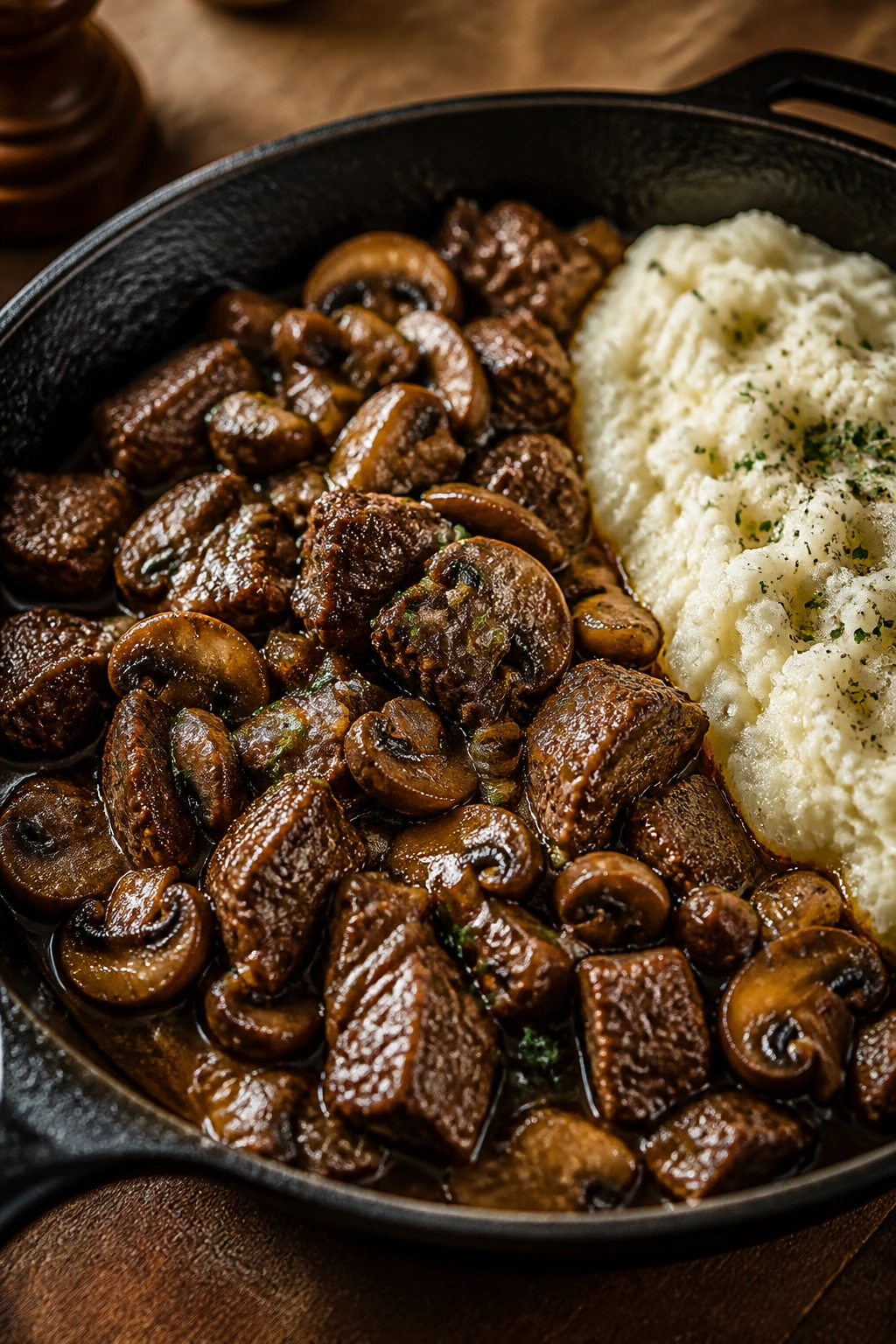 Beef and mushroom skillet with mashed cauliflower in a pan