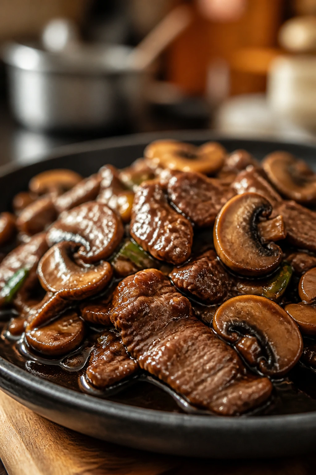Close-up of glossy Teriyaki Beef and Mushrooms on a plate