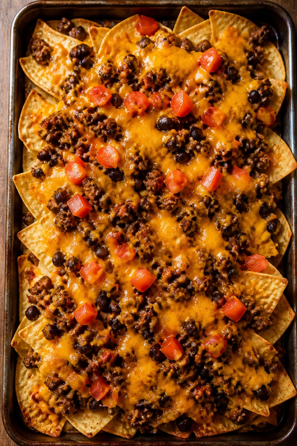 Close-up of beef and bean nachos with melted cheese on a sheet pan