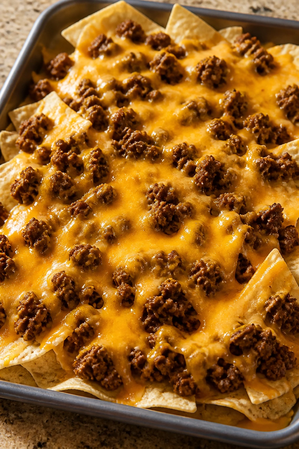 Beef nachos on a tray with melted cheese on a kitchen counter