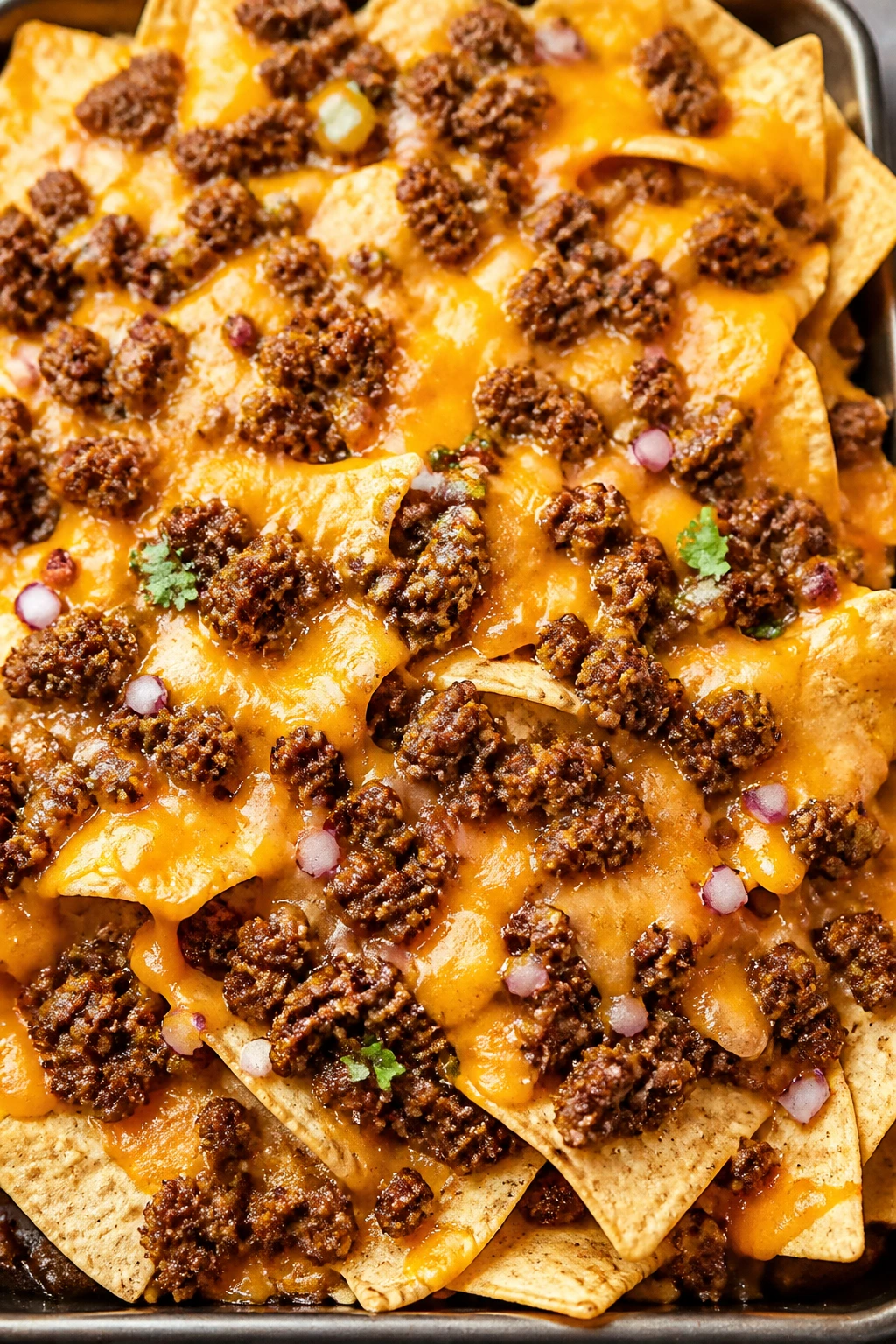 Close-up of beef nachos on a sheet pan with melted cheese.