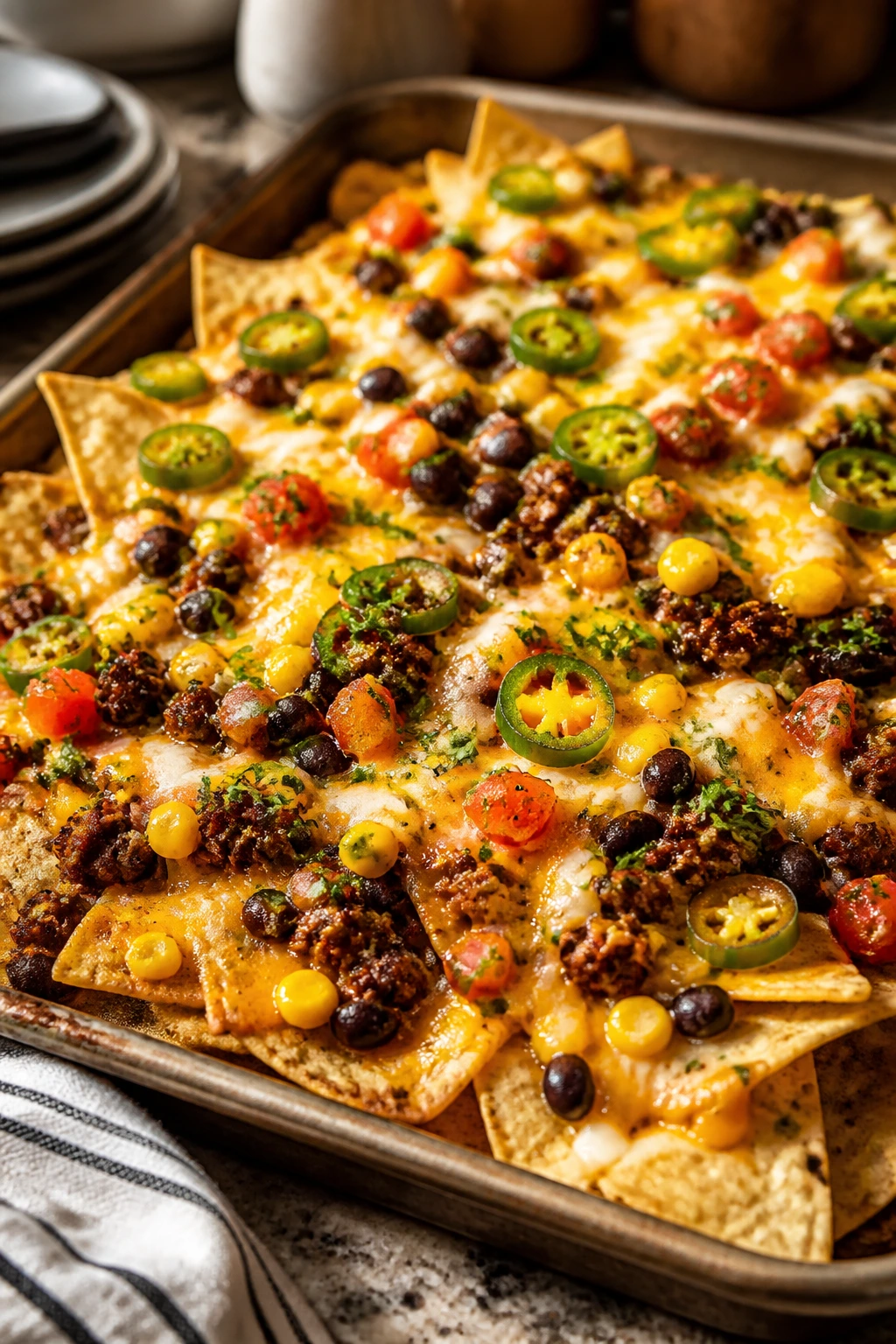 Sheet pan nachos with beef, black beans, and cheese