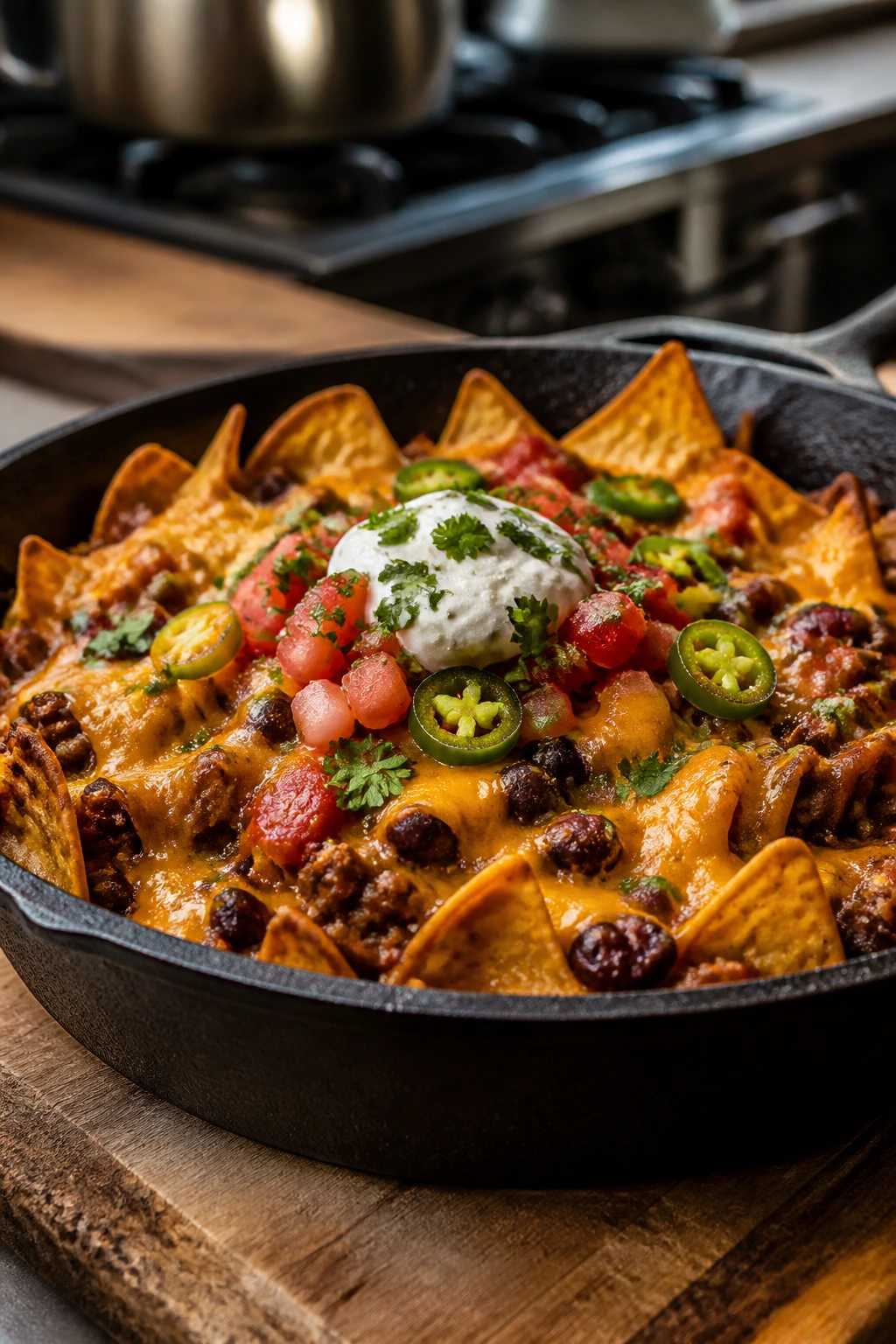 Beef nacho skillet with melted cheese on a wooden kitchen counter