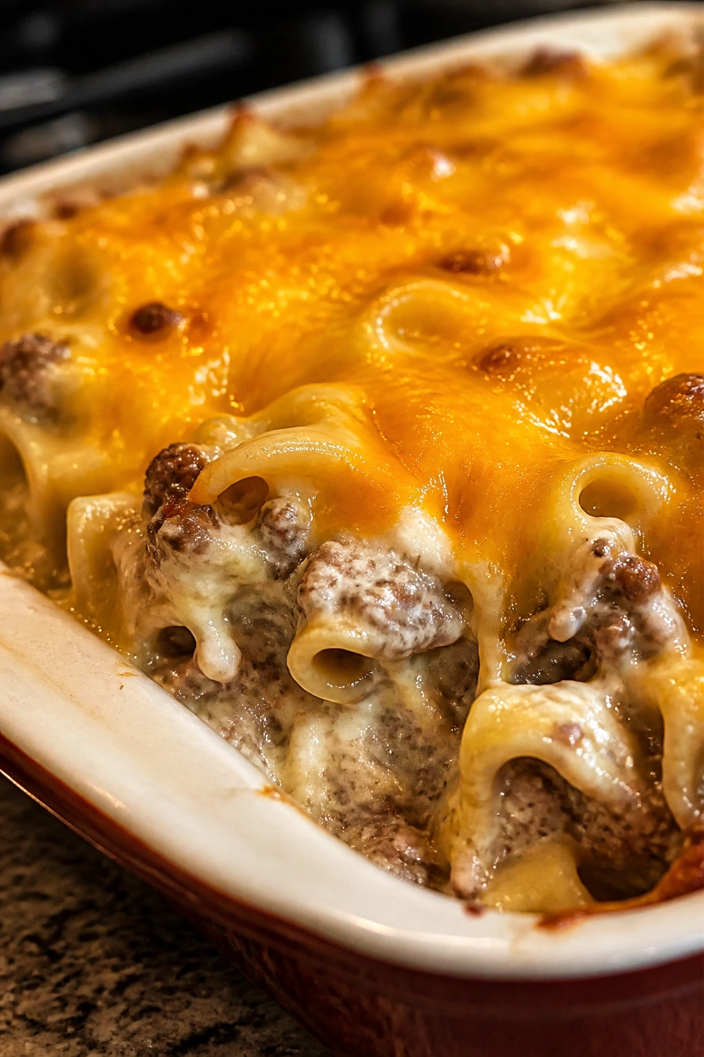 Close-up of beef noodle bake with cheese topping.