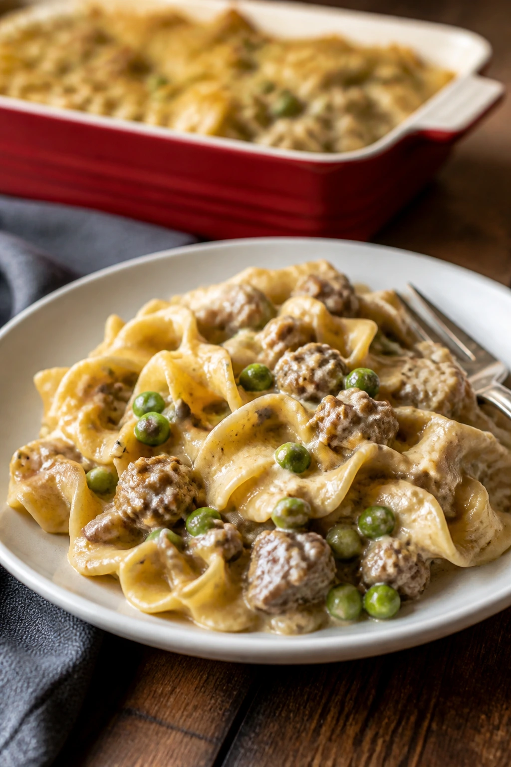 Plated beef noodle casserole with peas and creamy sauce