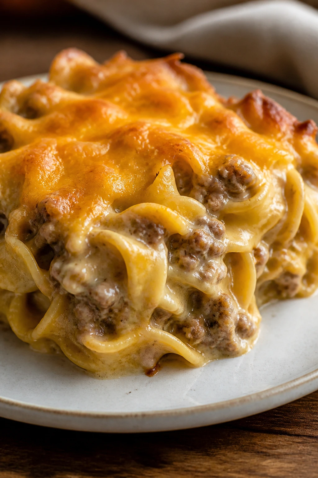Plated slice of beef noodle casserole with creamy sauce