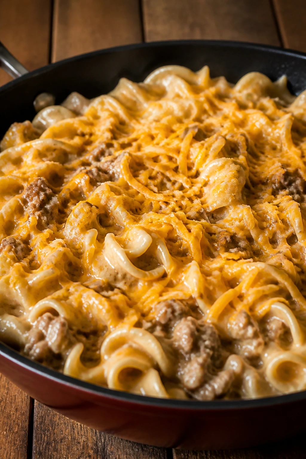 Beef and noodles in a skillet with creamy sauce and melted cheese
