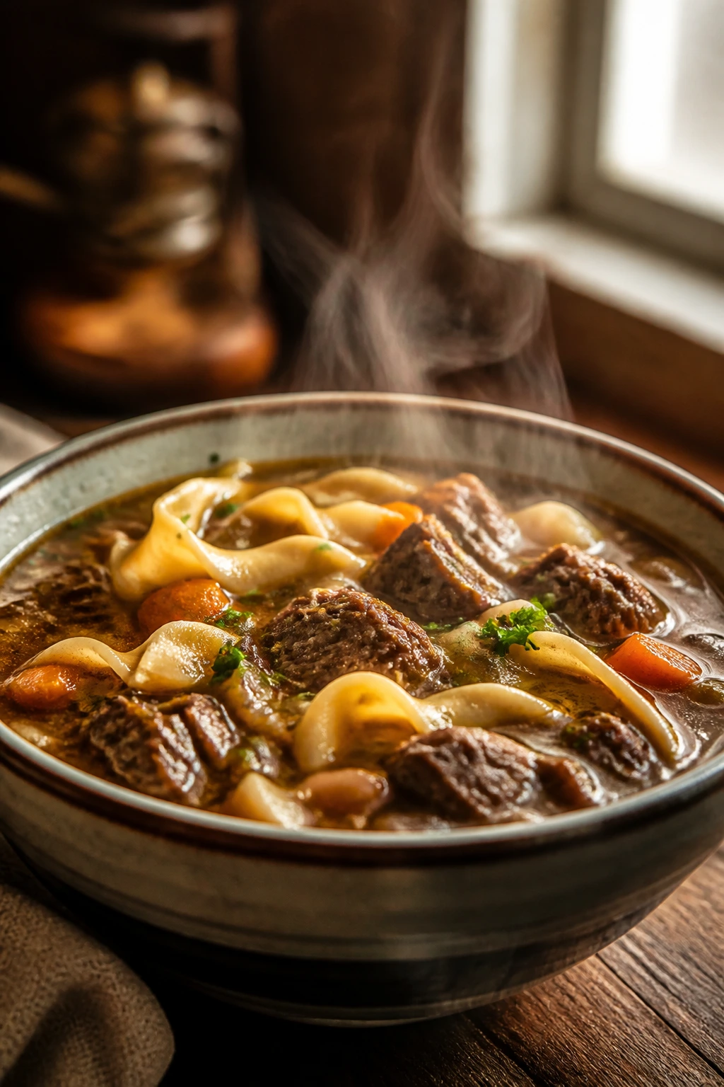 Steaming beef noodle soup in a rustic bowl on a wooden table