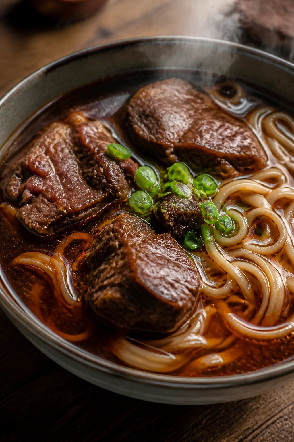 Close-up of a steaming beef noodle soup in a bowl on a wooden table