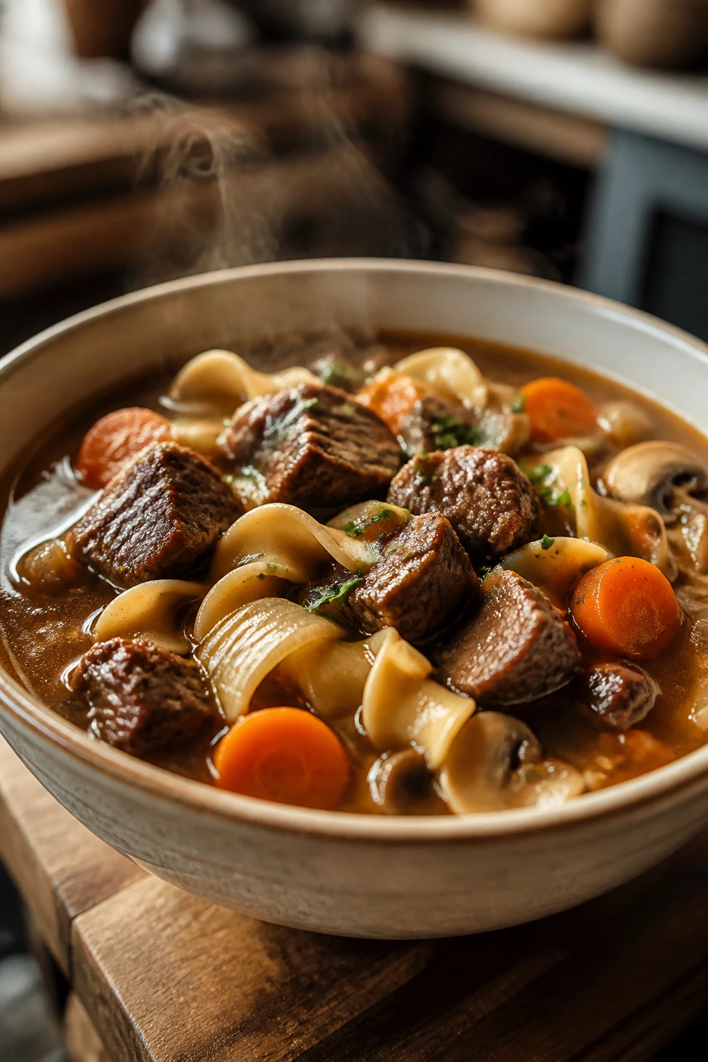 Steaming bowl of beef noodle soup with beef, noodles and vegetables in rich broth