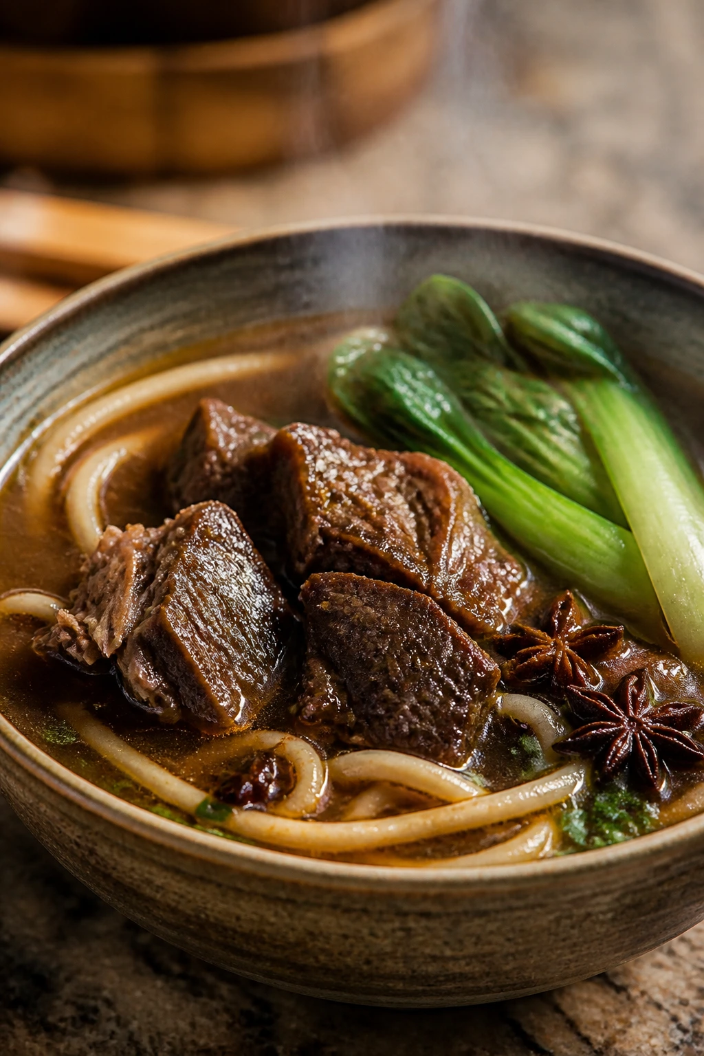 Beef noodle soup with beef chunks and bok choy in broth