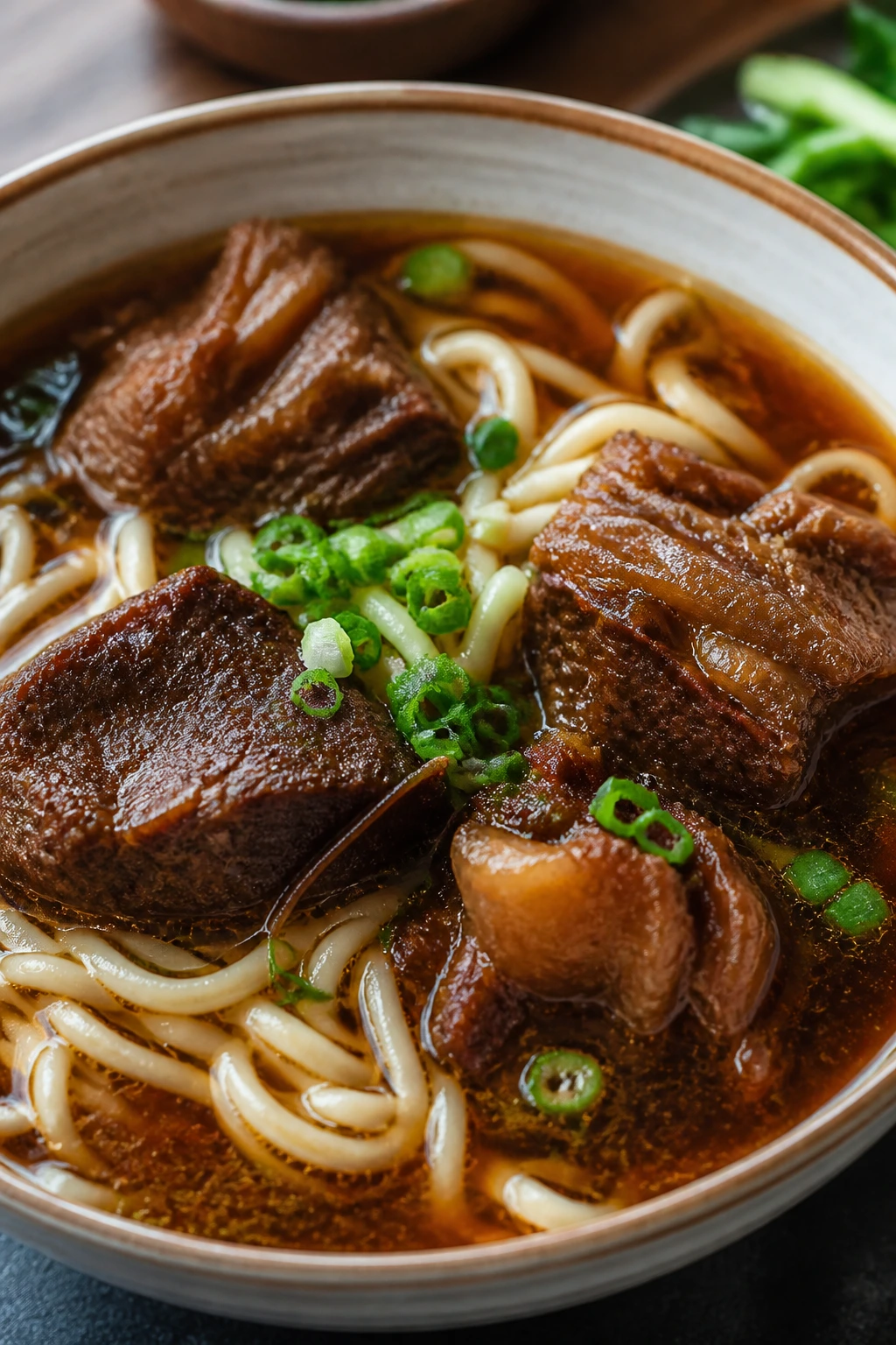 Steaming bowl of Taiwanese beef noodle soup with beef and noodles