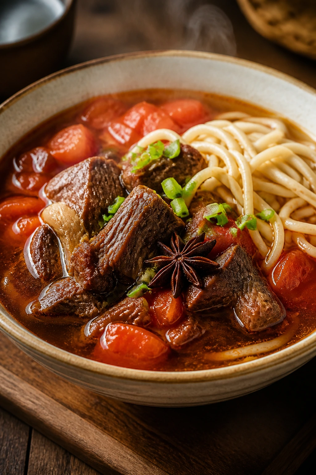 Steaming beef noodle soup with beef chunks and star anise