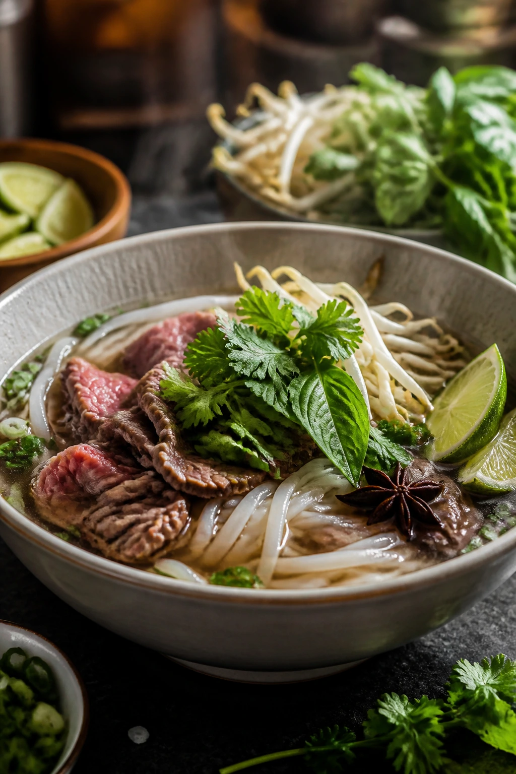 Medium close-up of pho-inspired beef noodle soup with noodles, beef, and herbs