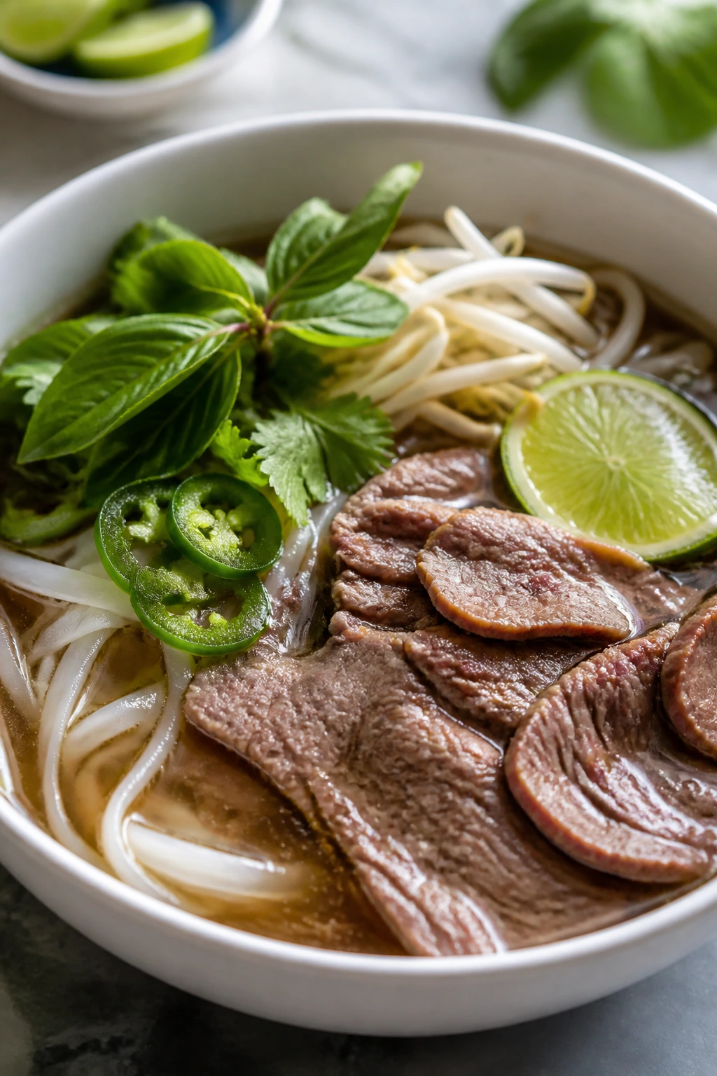 Close-up of Pho-Inspired Beef Noodle Soup with beef, noodles and herbs in a bowl.