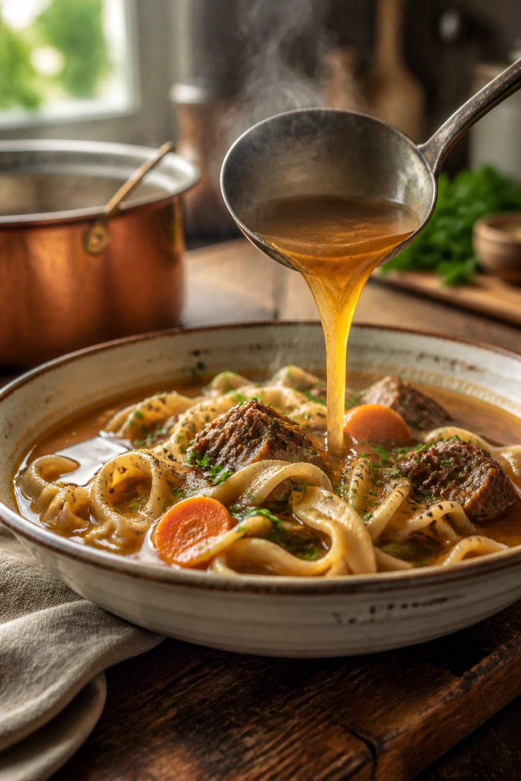 Close-up of a steaming beef noodle soup bowl with noodles, beef, and carrots in a rustic kitchen