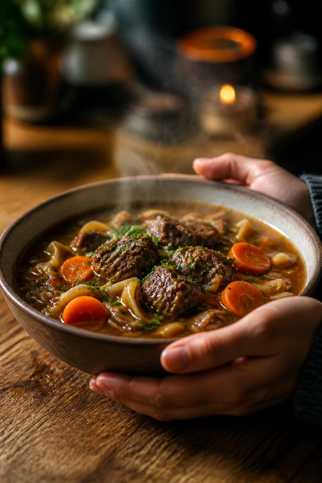 Steaming bowl of beef noodle soup served warm with hands cradling the bowl