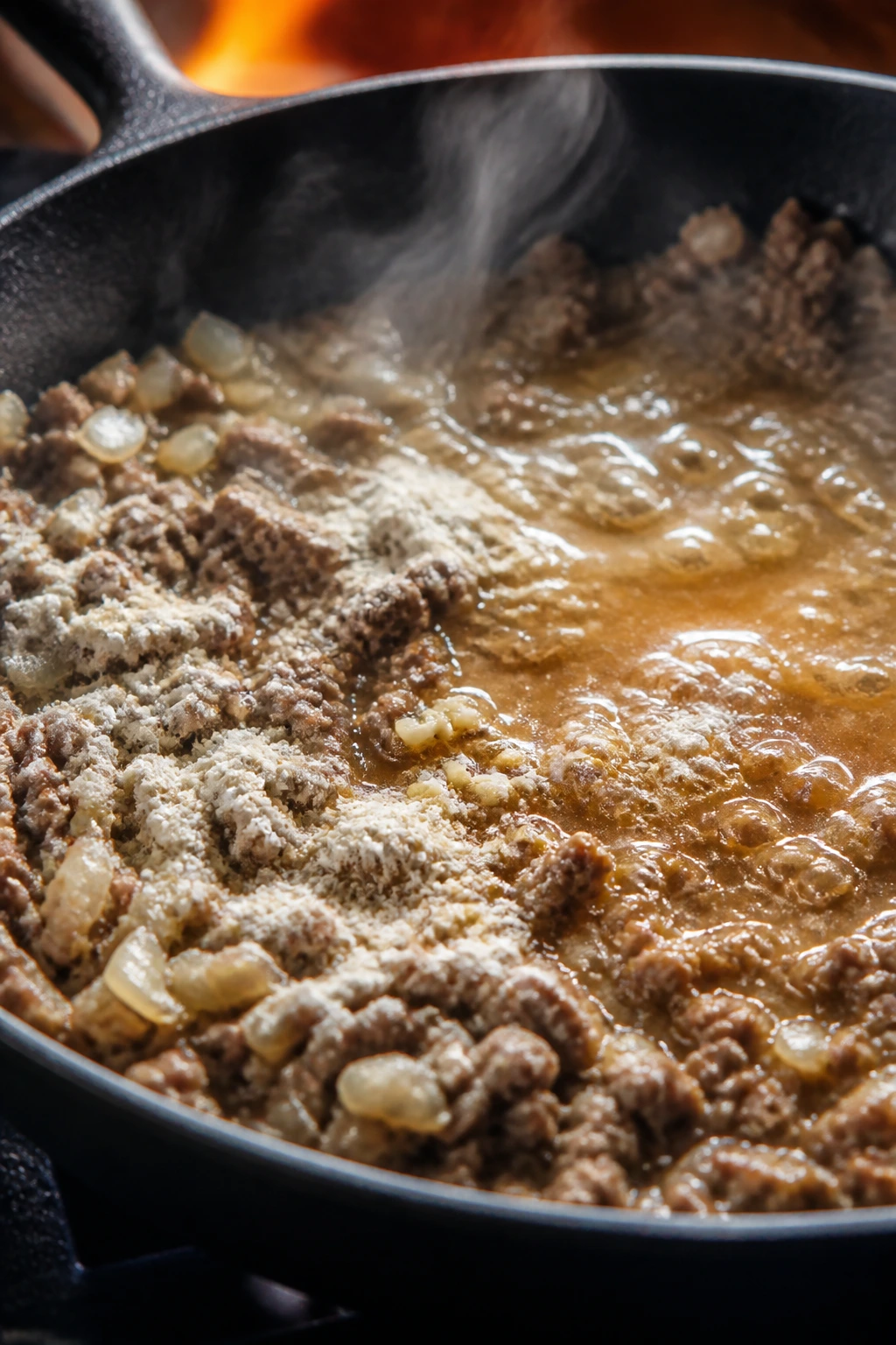 Pan with beef, onions, garlic, and flour creating a sauce