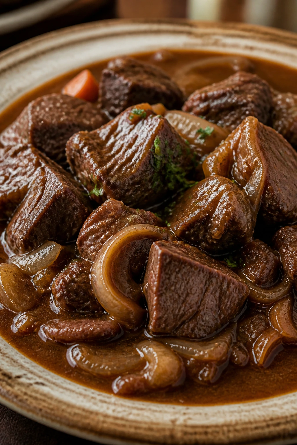 Beef chunks in onion gravy plated on rustic dish