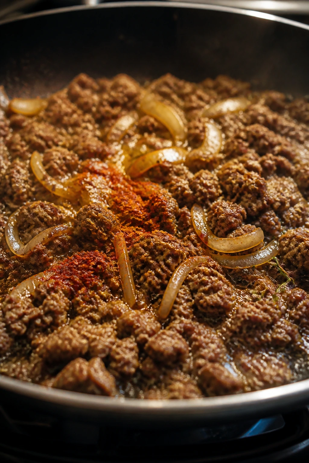 Skillet with browned beef and onions in glossy pan sauce