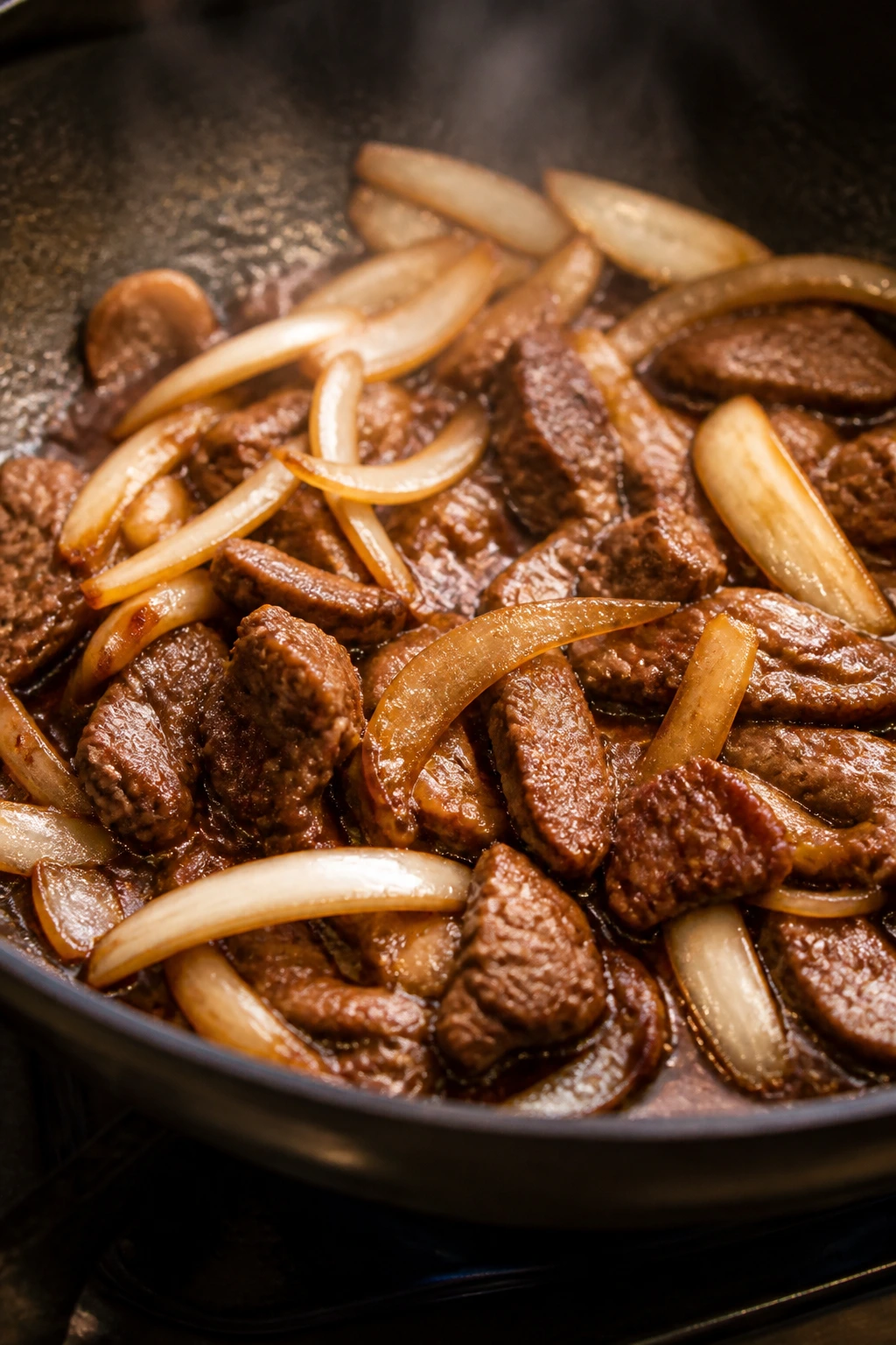 Beef and onion stir-fry in a skillet