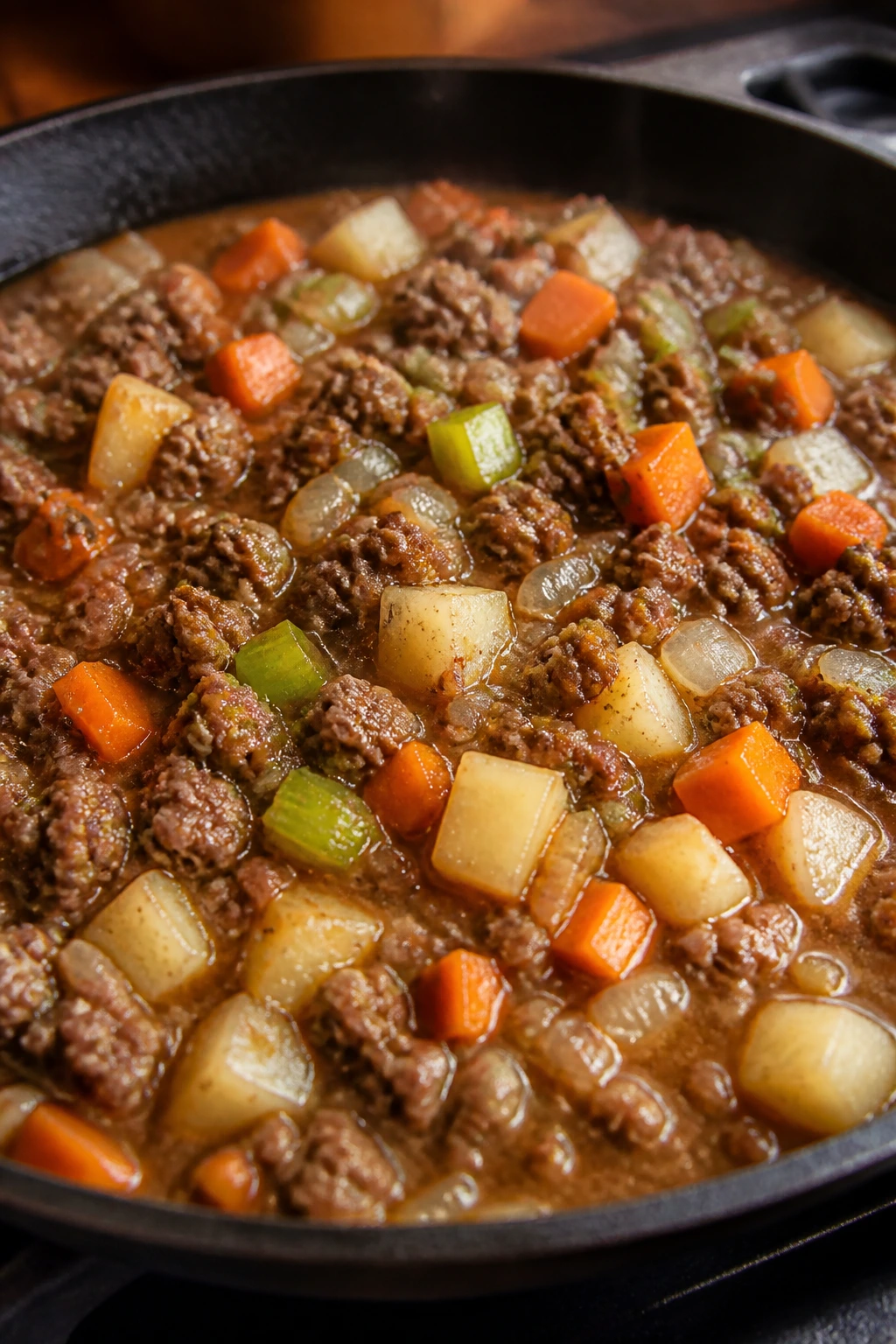 Close-up of browning beef and vegetables in skillet with gravy