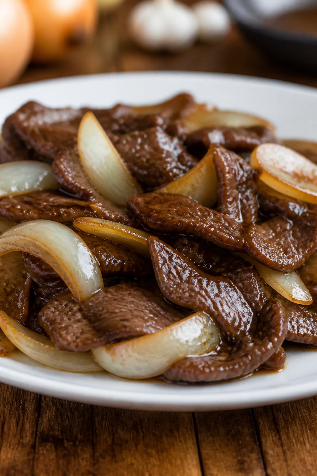 Close-up of Beef with Onions on plate