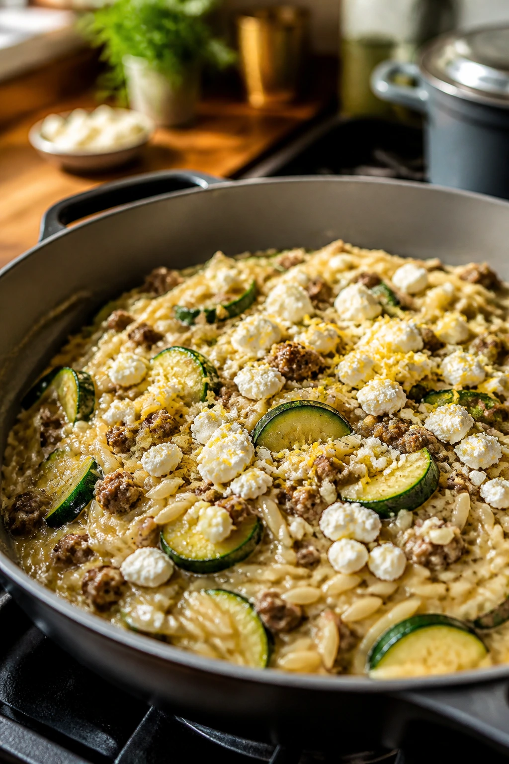 Close-up of beef orzo skillet with feta and zucchini in creamy sauce on the stove