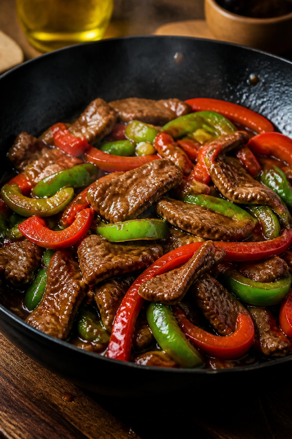 Beef slices with glossy oyster sauce and peppers in a skillet