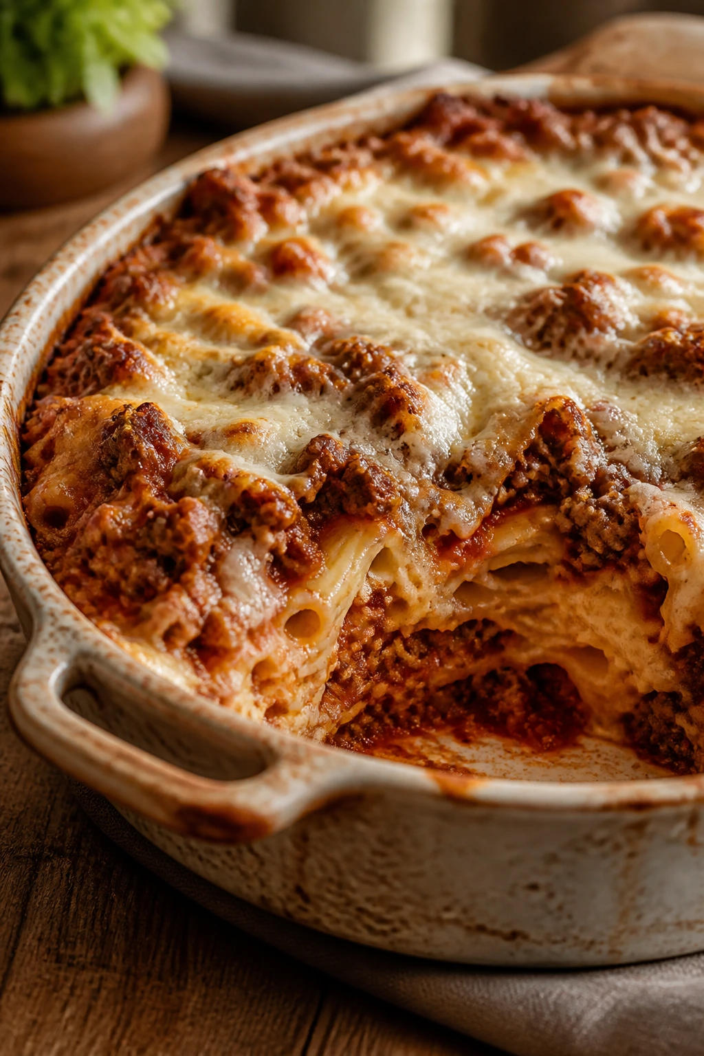 Rustic casserole with beef pasta bake and melted cheese steaming on a kitchen table.