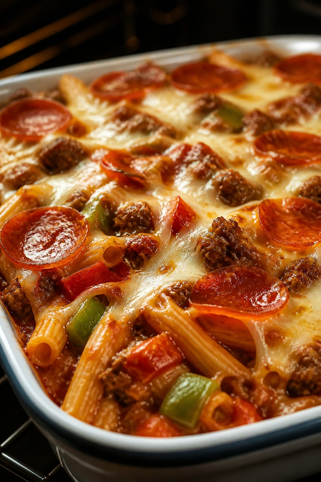Pizza-style beef pasta bake with pepperoni and mozzarella in a baking dish
