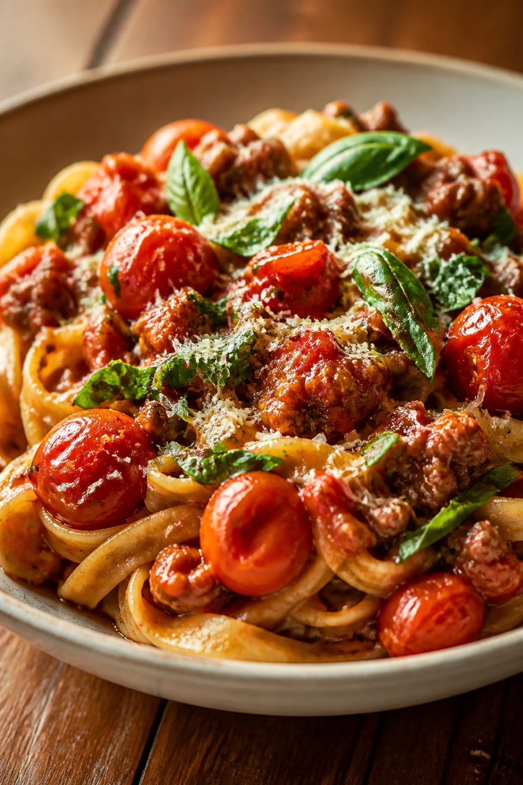 Close-up of pasta with cherry tomato beef sauce and basil.