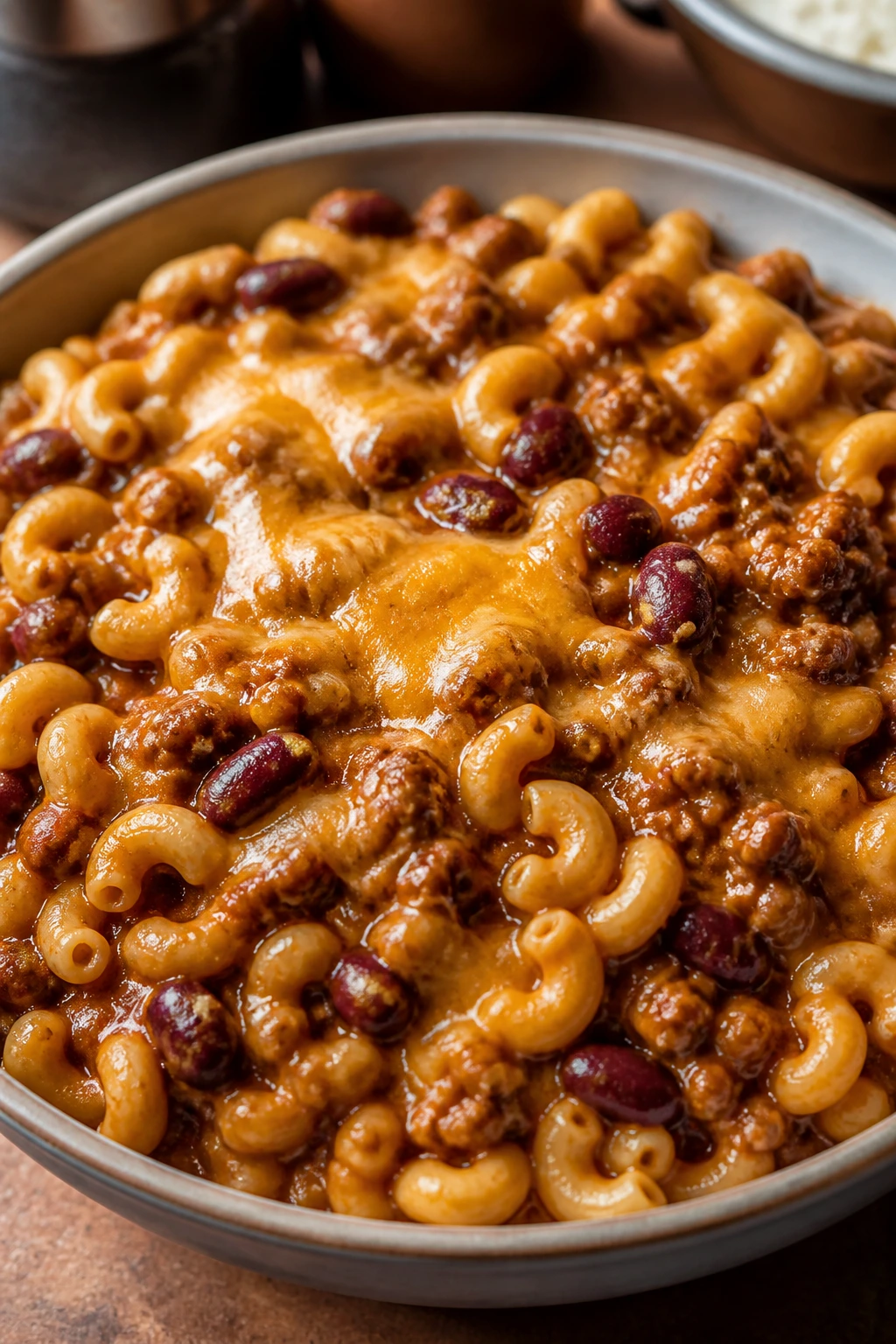 Close-up of hearty chili mac in a bowl with melted cheese