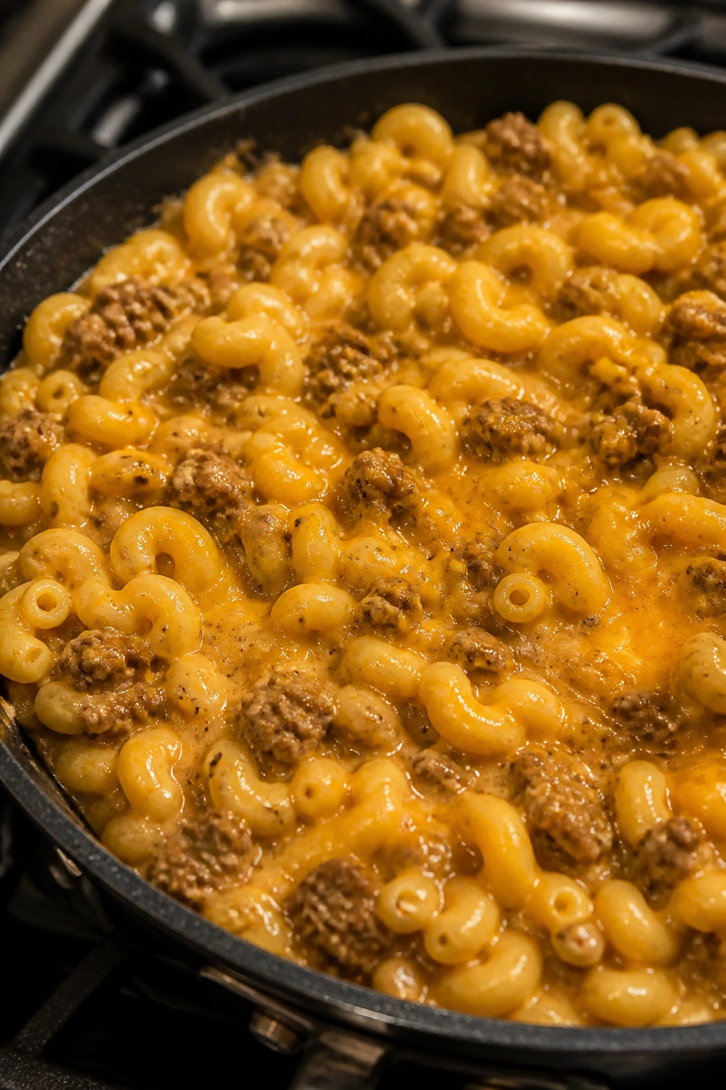 Creamy beef pasta with macaroni in a skillet