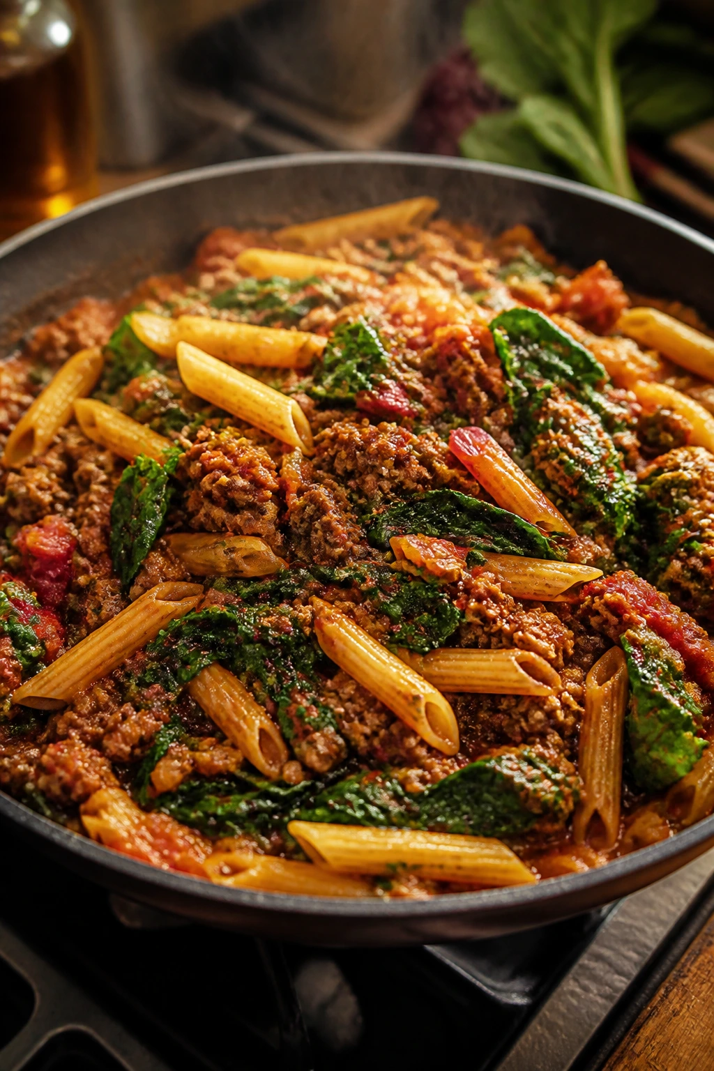 Beef and Swiss Chard Pasta in a skillet on a stovetop