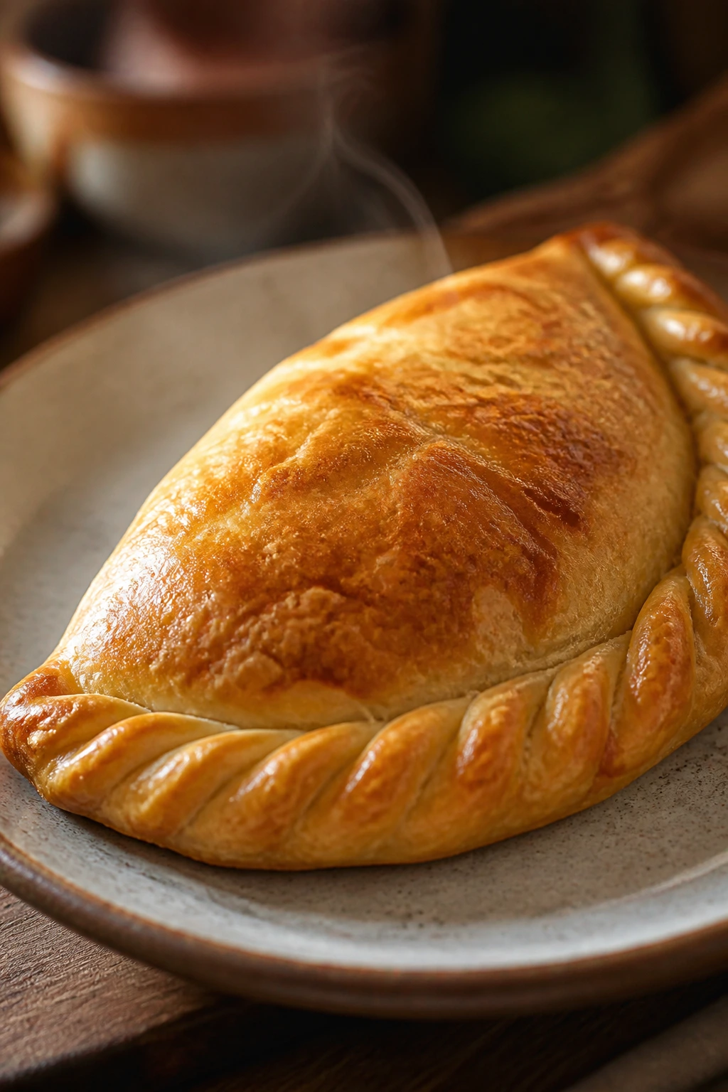 Golden beef pasty on plate with flaky crust