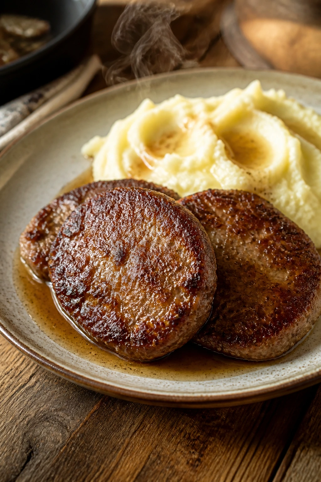 Two beef sausage patties on a warm plate with mashed potatoes and sauce