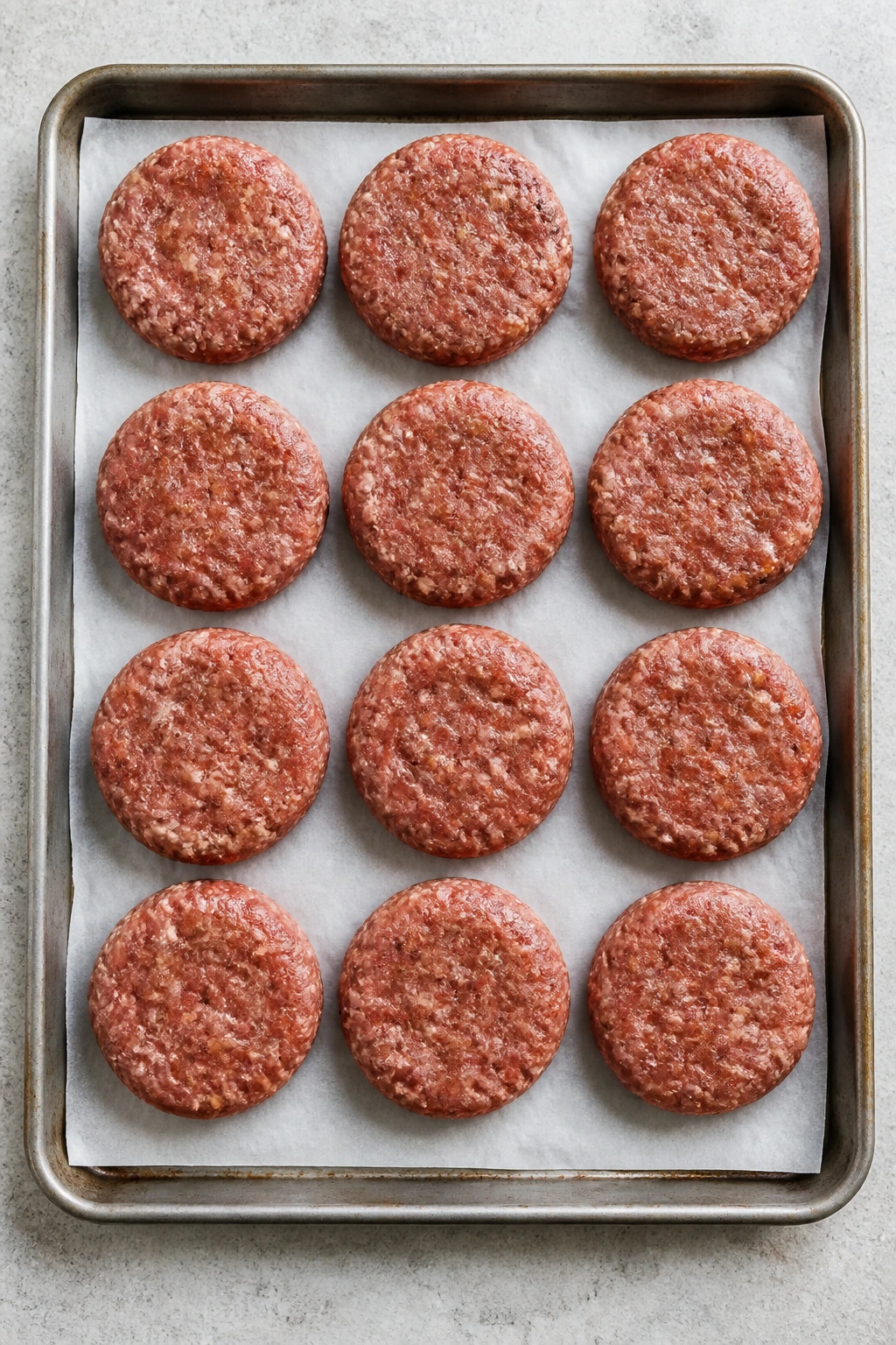 Tray of twelve beef sausage patties ready to cook.