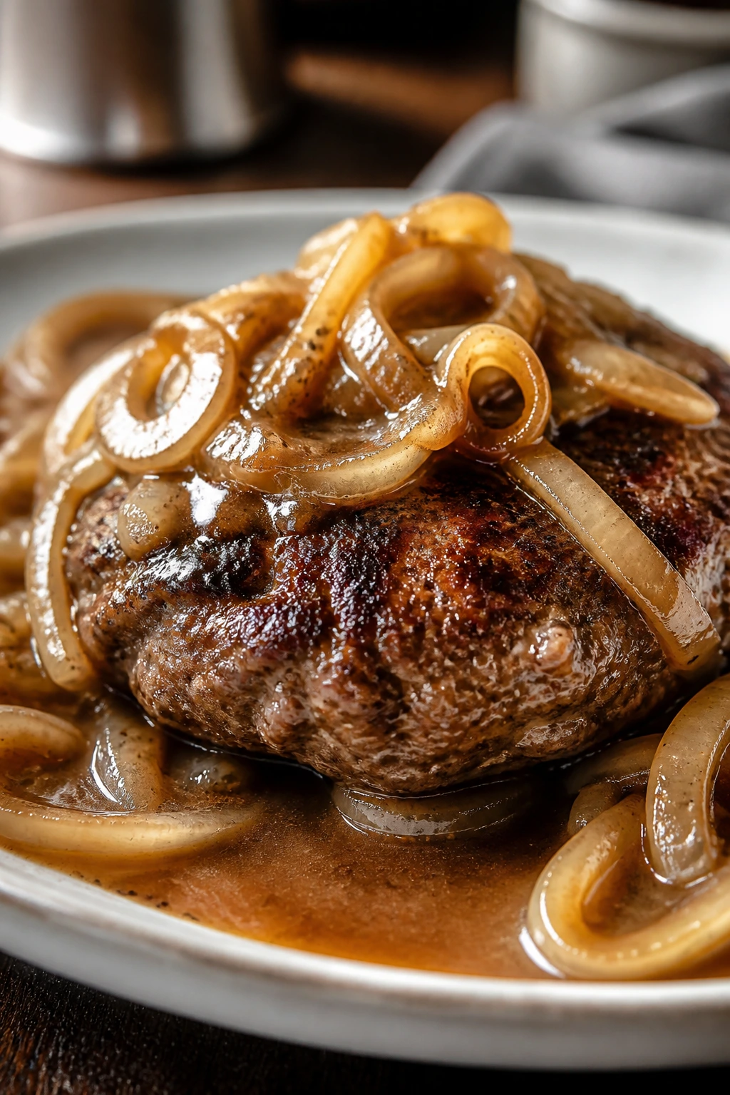 Juicy hamburger patty with onion gravy and onions