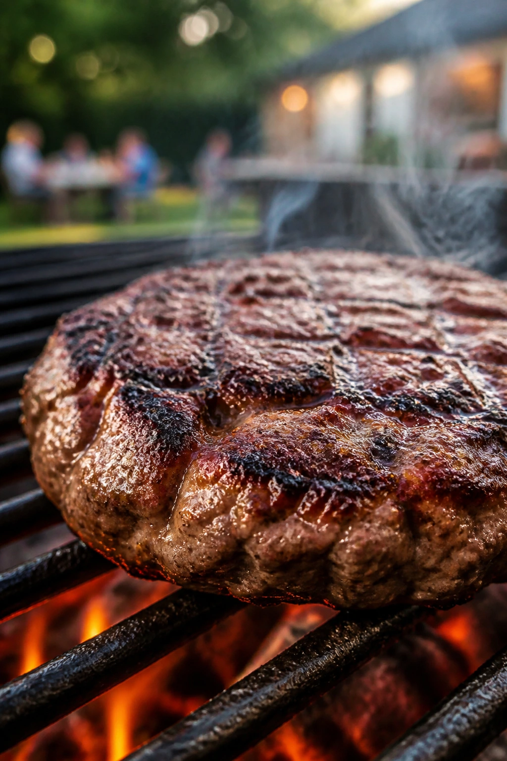 Beef patty crust forming on a grill in a backyard